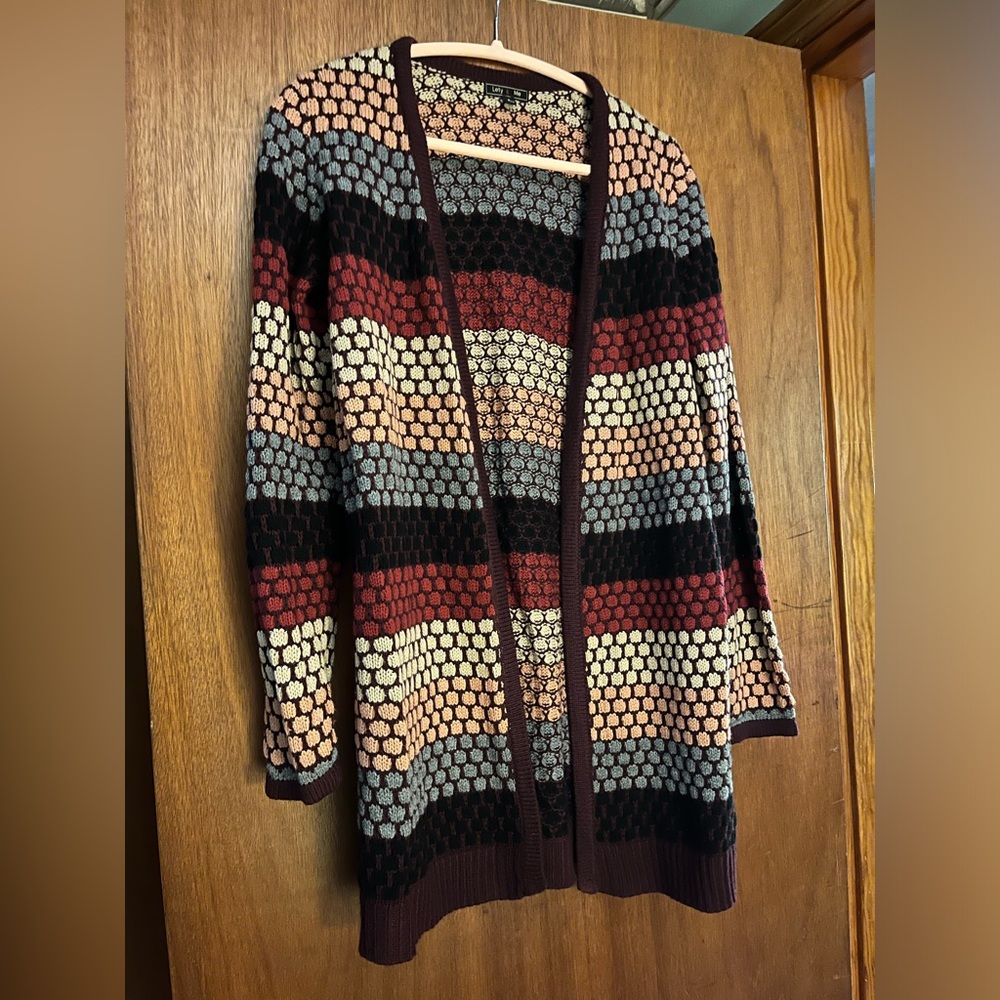 Open front striped cardigan. Cranberry, blue, dusty pink & ivory.